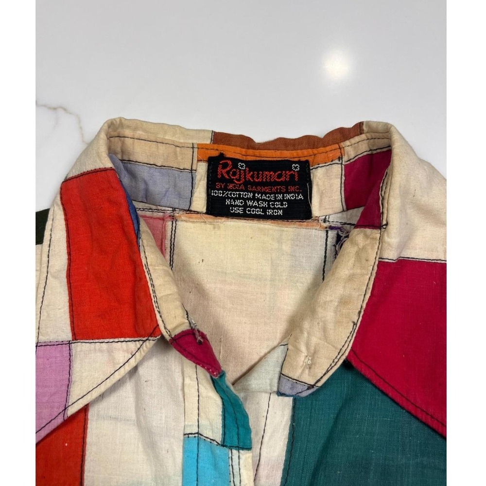 indian madres Patchwork Shirt Multi Color Cotton Vintage 60s 70s Distressed - Picture 4 of 8